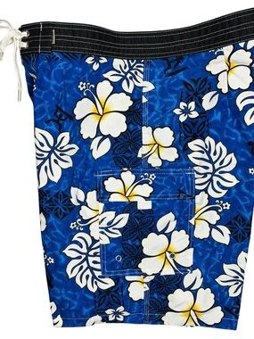 Xelos Men’s Blue Floral Swim Board Shorts Hibiscus Tribal Print Size Medium
